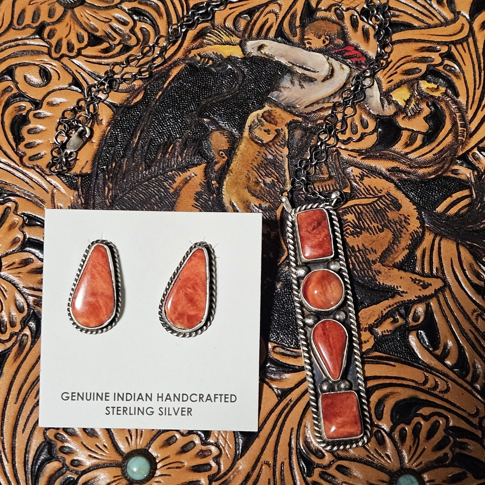Sterling Silver Red Spiny Bar Necklace & Earrings Set